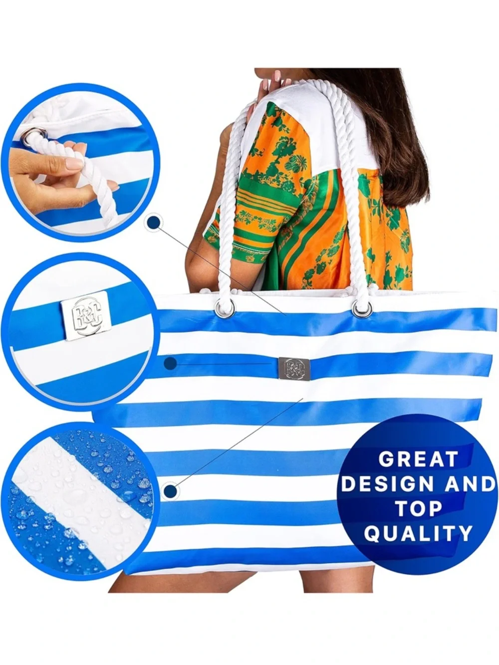 BANG&CARSEN Extra Large Beach Bag W/ Zipper Beach Tote For Women NWT blue - Picture 9 of 16